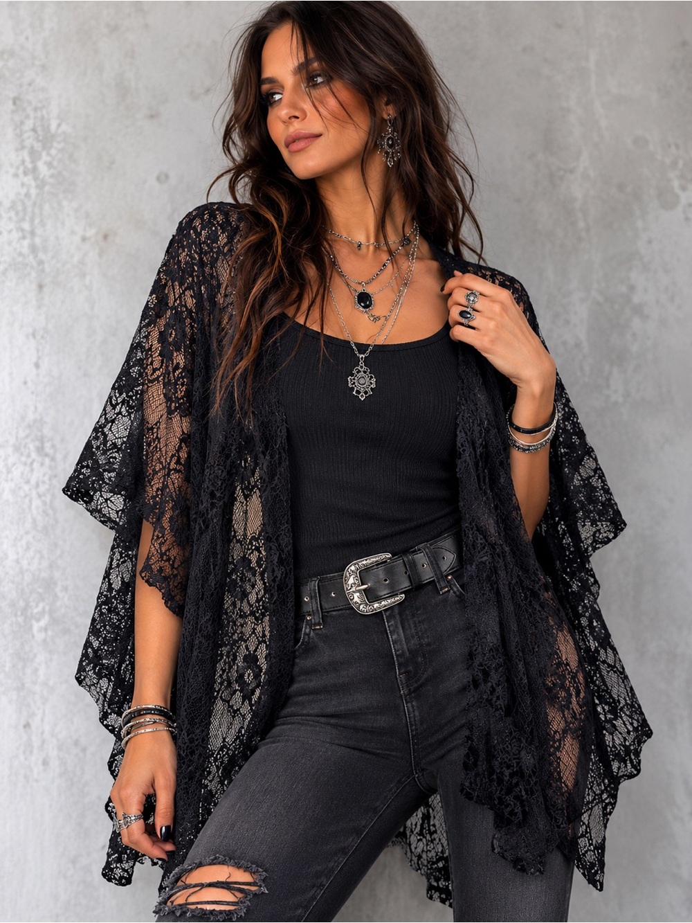 Forever 21 Black Floral Lace Kimono Cardigan – Size L/G